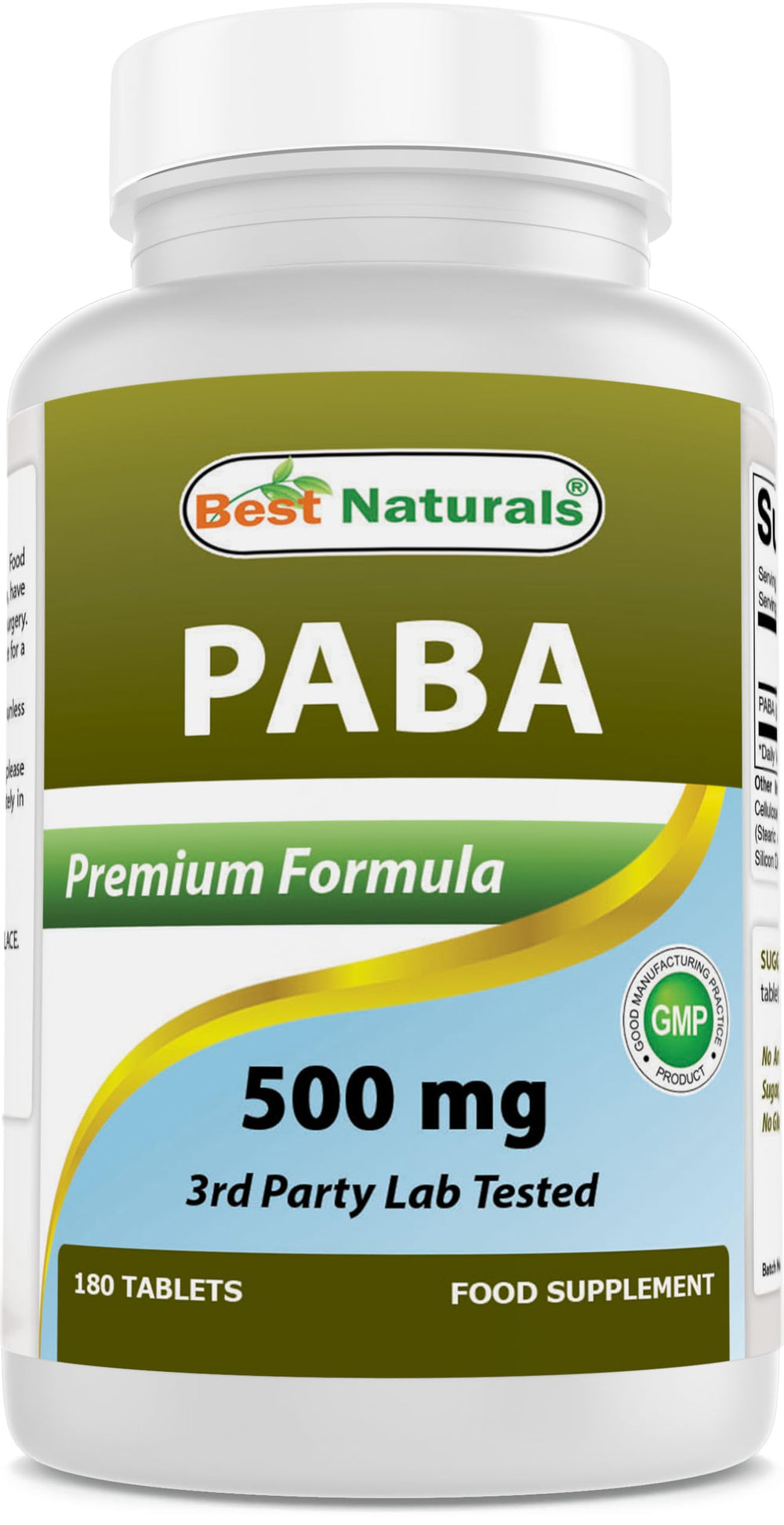 Front view of Best Naturals PABA 500 mg bottle - 180 tablets