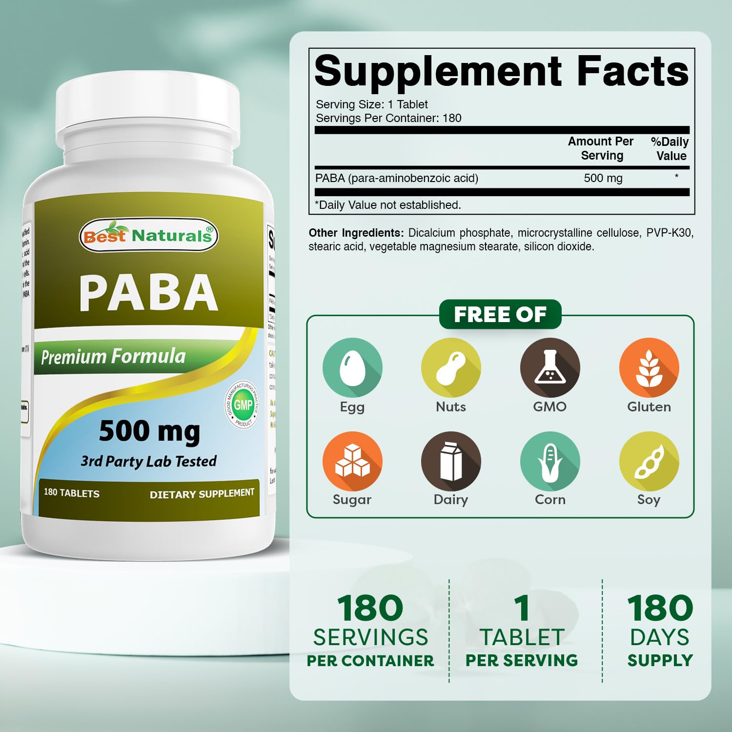 Close-up of Best Naturals PABA 500 mg bottle label