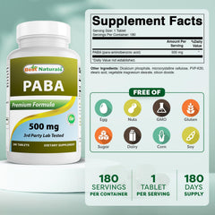 Close-up of Best Naturals PABA 500 mg bottle label