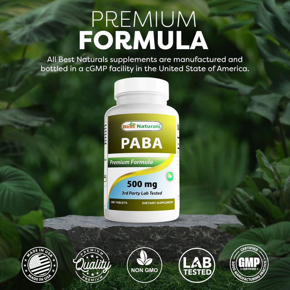 Supplement facts panel for Best Naturals PABA 500 mg