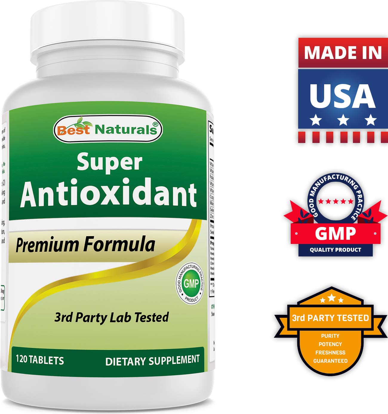 Product packaging display of Best Naturals Super Antioxidant 120 Tablets