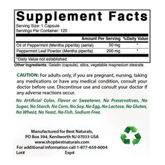 Back label with supplement facts on Best Naturals Peppermint Oil bottle