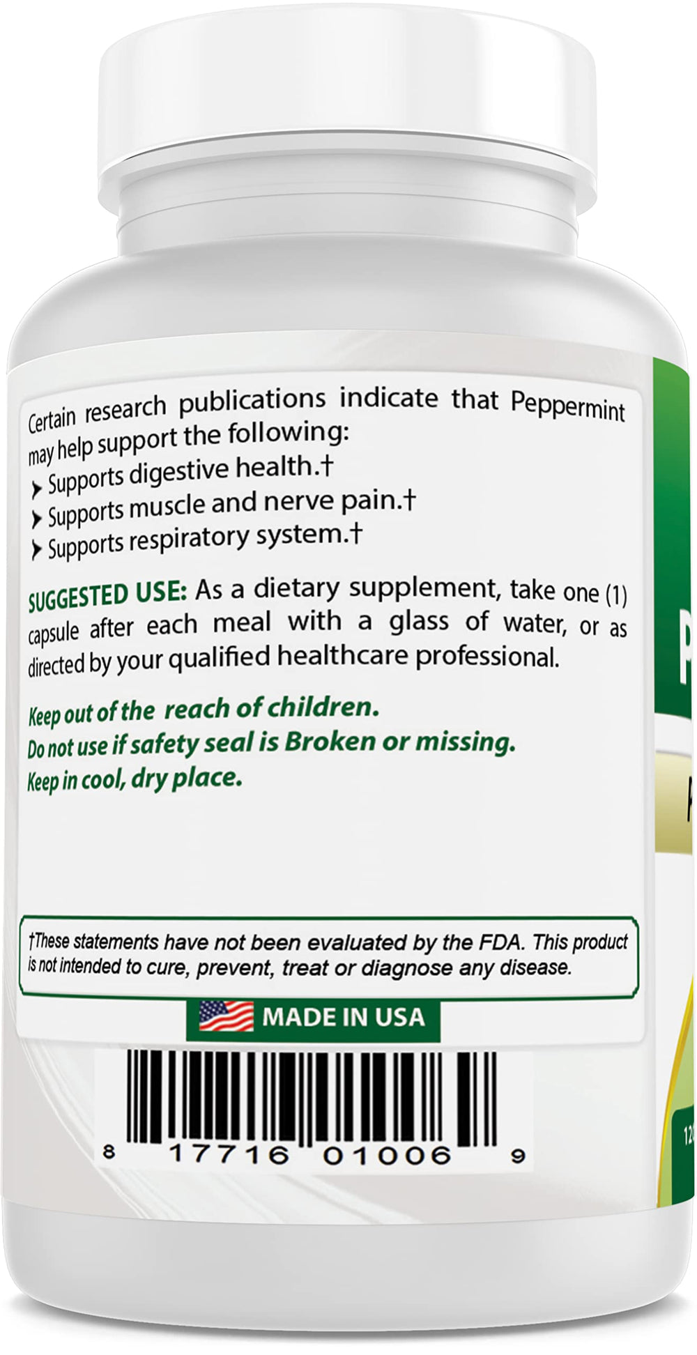 Supplement facts panel of Best Naturals Peppermint Oil capsules
