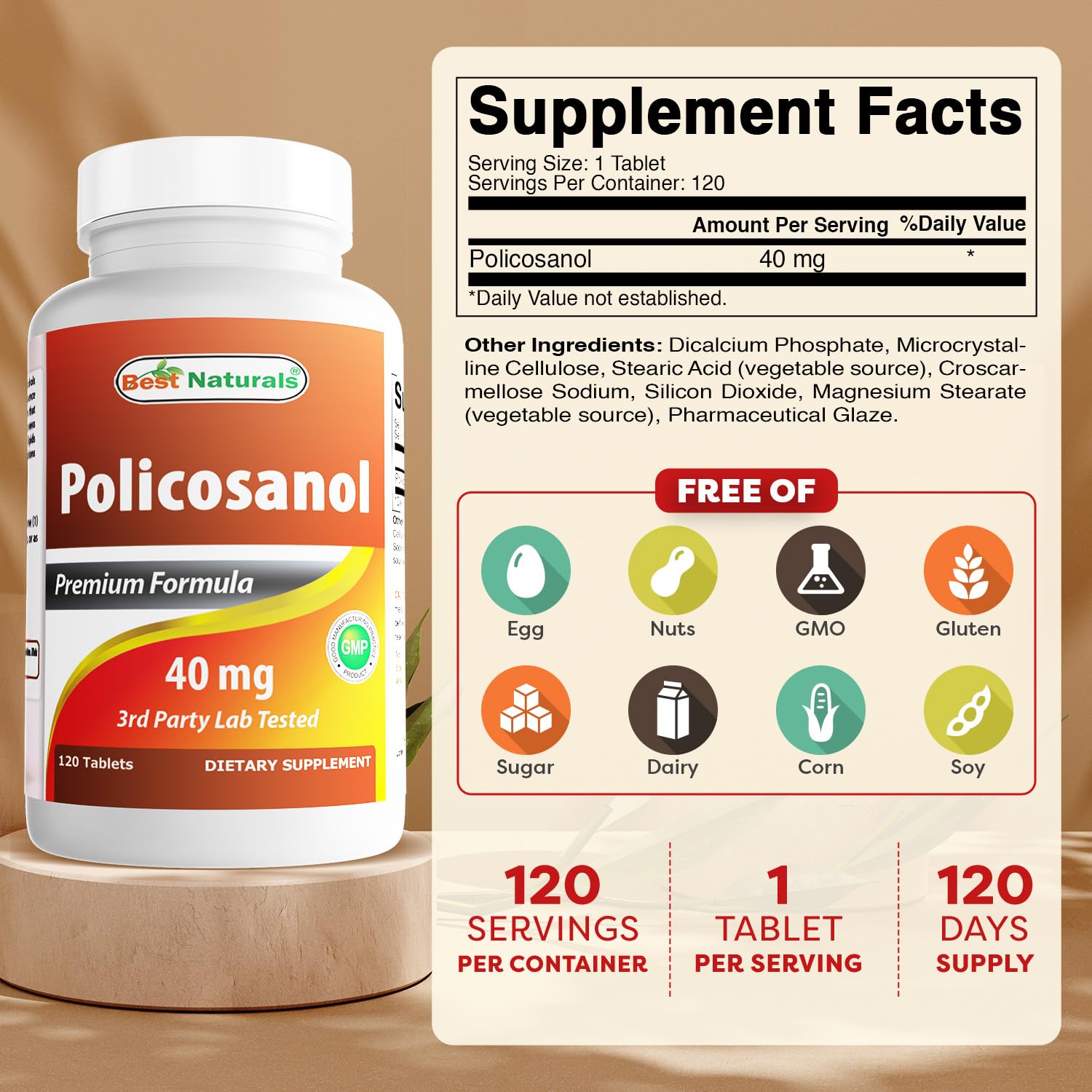 Policosanol 40mg 120 tablets bottle side view