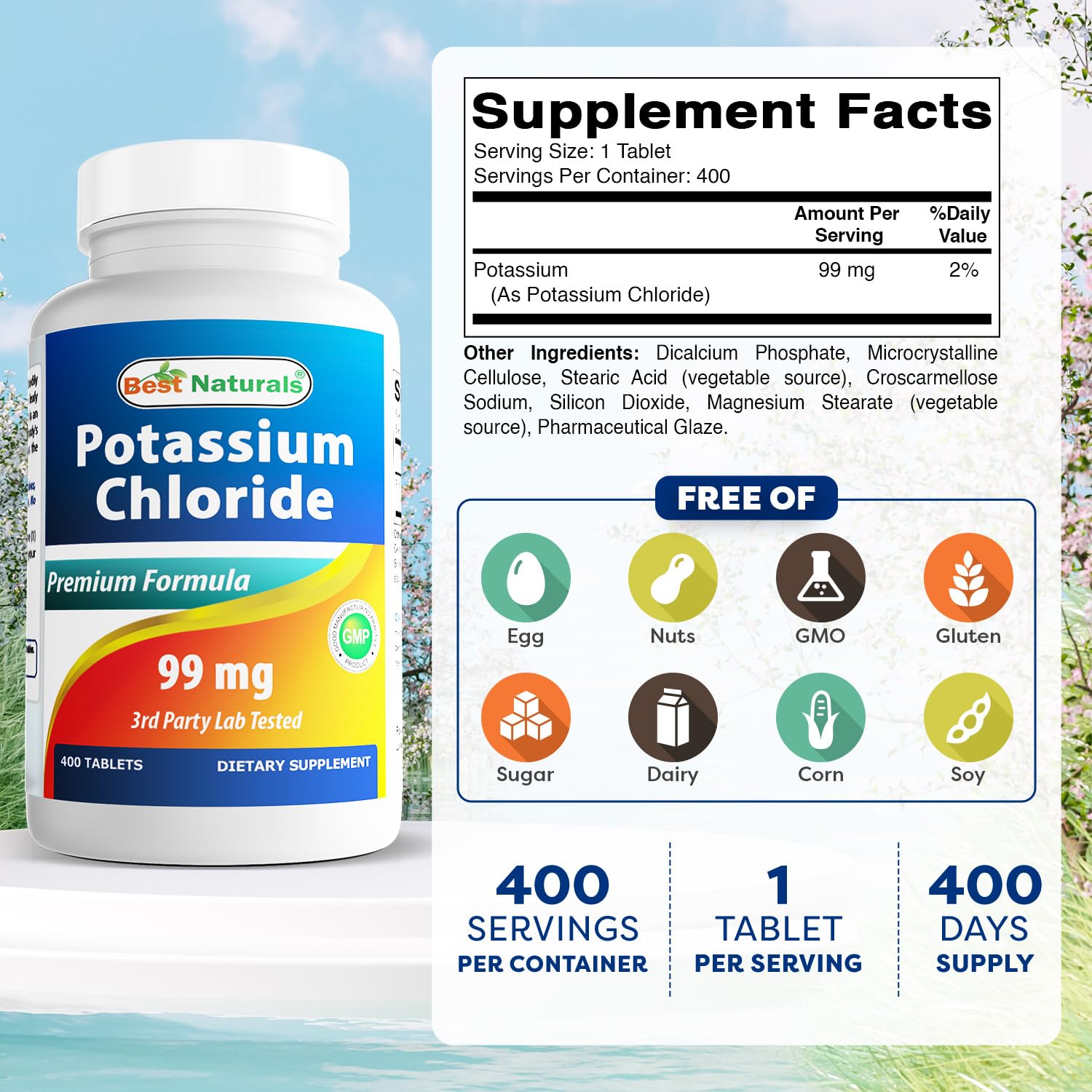 Side view of Best Naturals Potassium Chloride 99 mg bottle