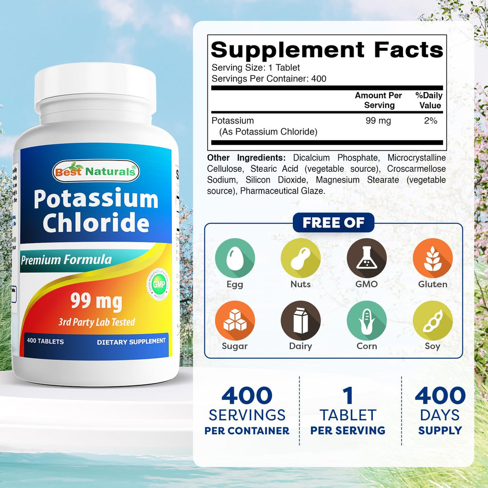 Side view of Best Naturals Potassium Chloride 99 mg bottle