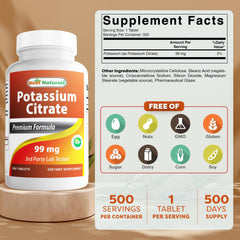 Back label of Best Naturals Potassium Citrate bottle