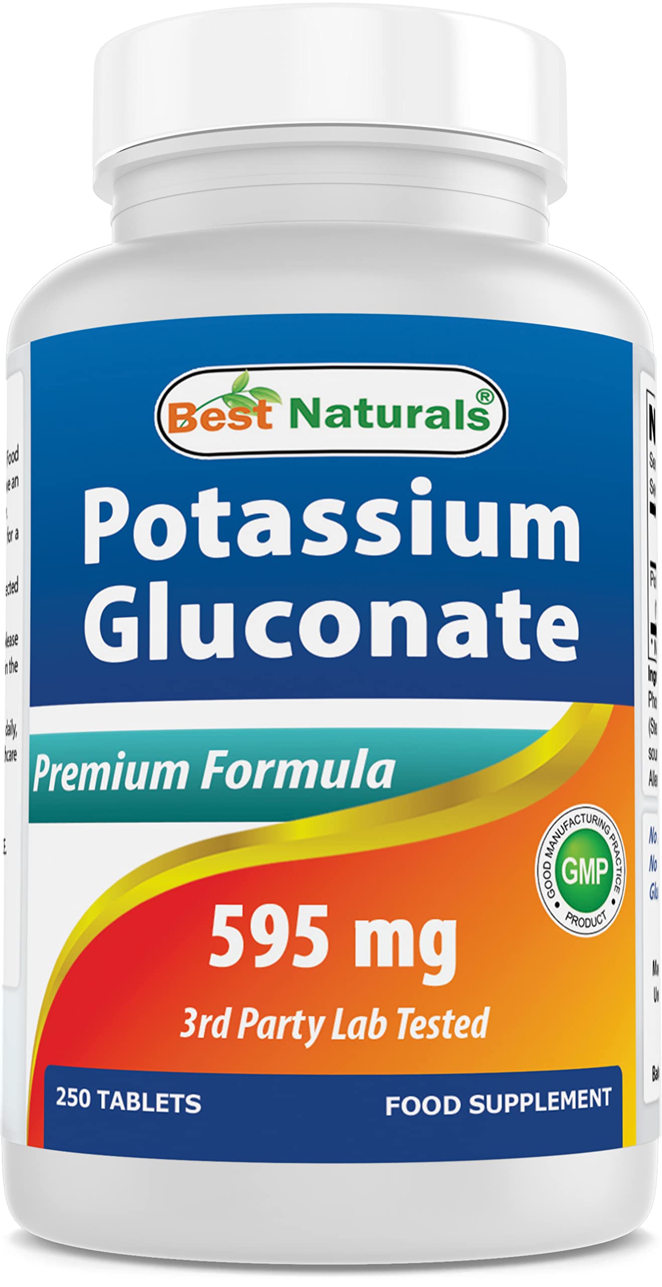 Bottle of Best Naturals Potassium Gluconate 595 mg tablets, 250-count