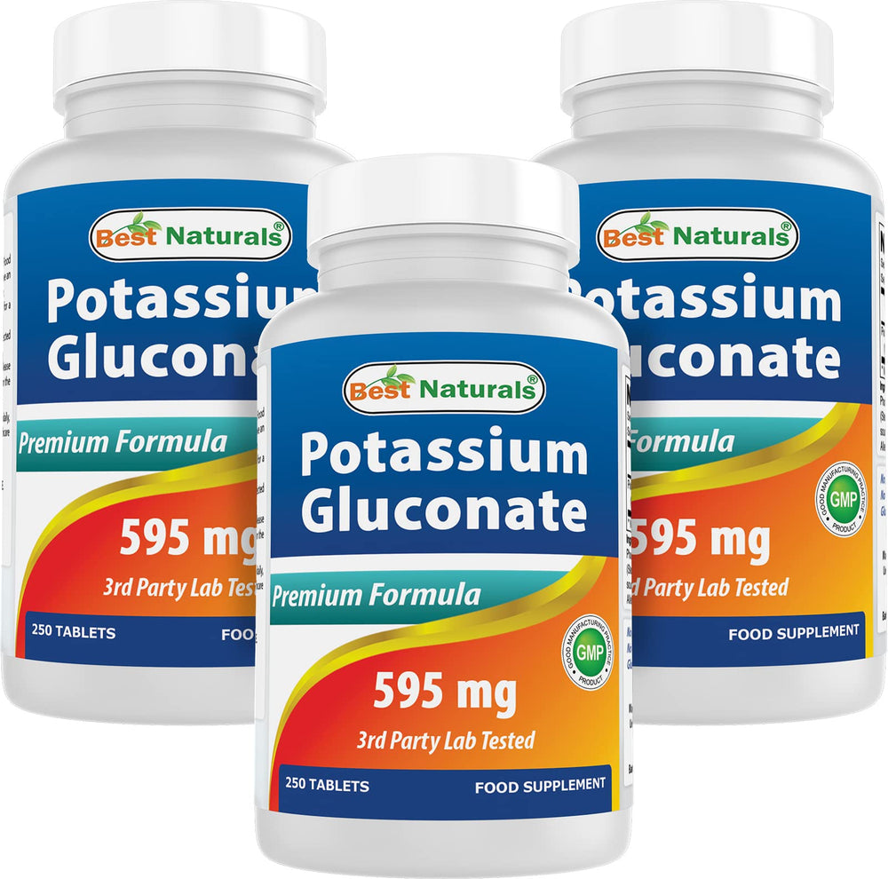 Front label of Best Naturals Potassium Gluconate 595 mg bottle, 250 tablets, Pack of 3