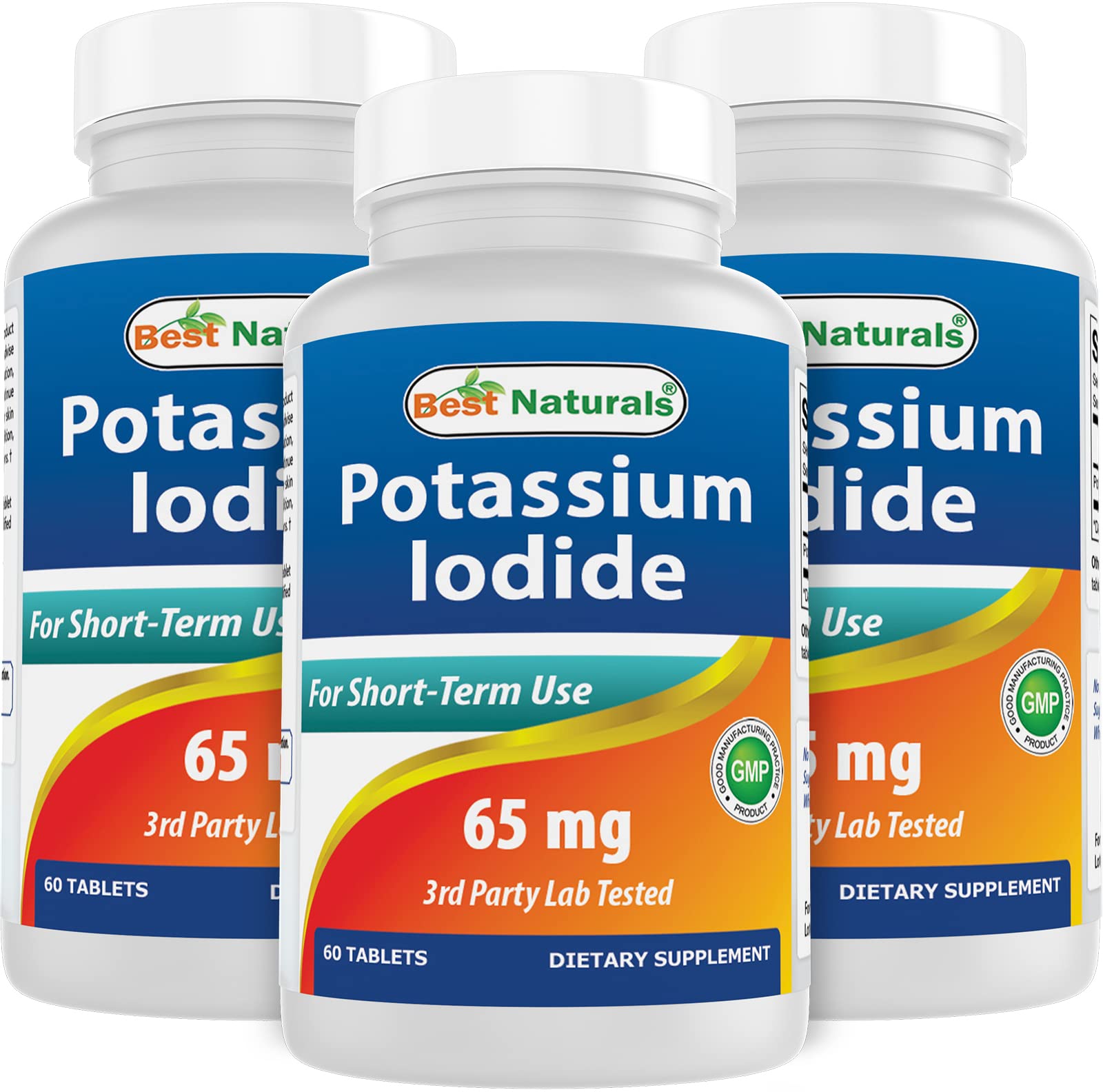 Front view of Best Naturals Potassium Iodide 65 mg 3-bottle package