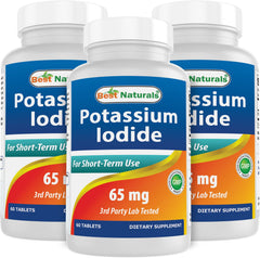 Front view of Best Naturals Potassium Iodide 65 mg 3-bottle package