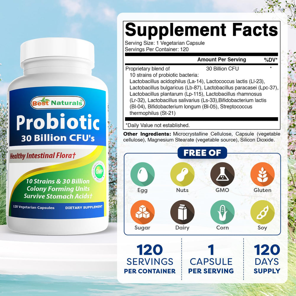 Label highlights 10 probiotic strains and 30 Billion CFU on Best Naturals bottle