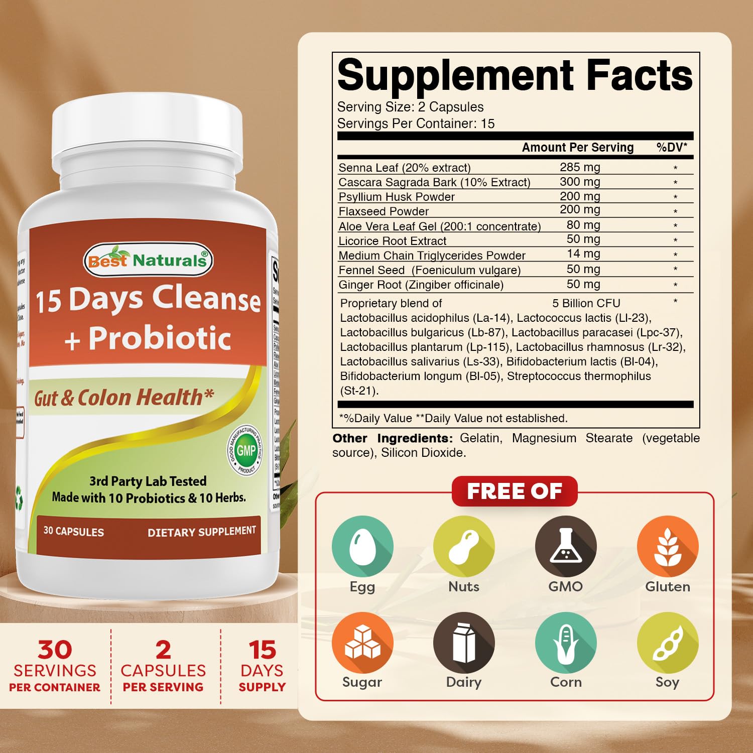 Best Naturals probiotic capsules close-up highlighting gut flora balance during a cleanse