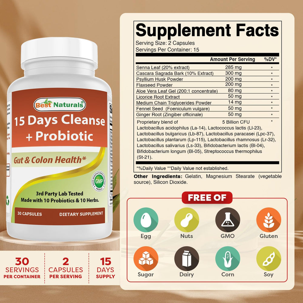 Best Naturals probiotic capsules close-up highlighting gut flora balance during a cleanse