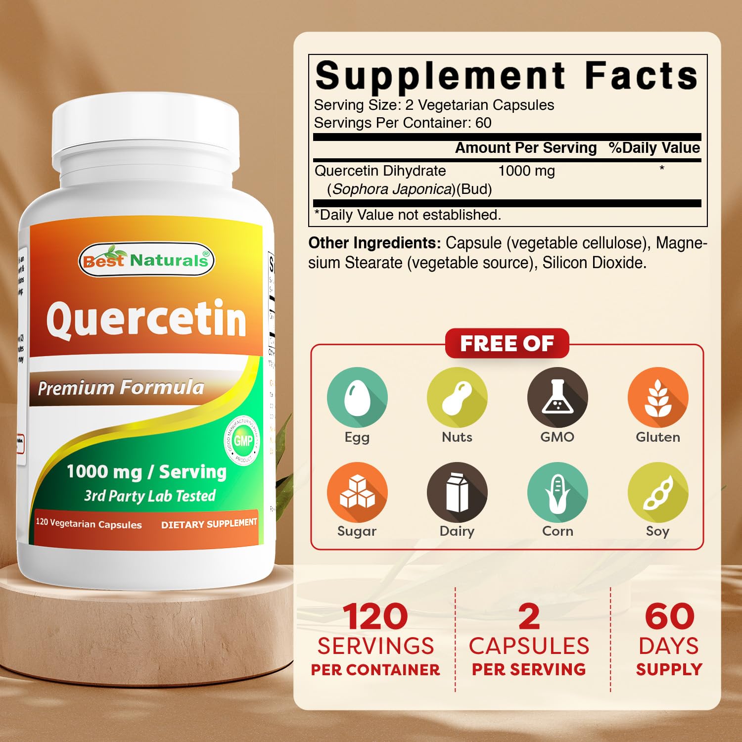 Side view of Best Naturals Quercetin 1000 mg 120 veggie capsules bottle