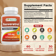 Resveratrol Complex 500 mg bottle label with 120 capsules