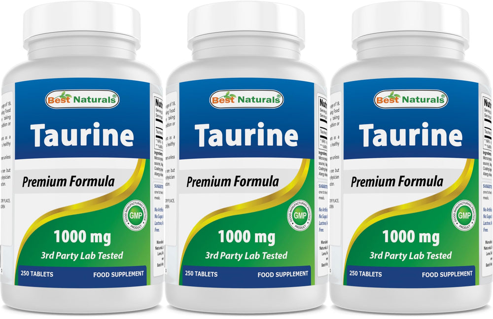 Best Naturals Taurine 1000 mg bottle with 250 tablets in pack of 3