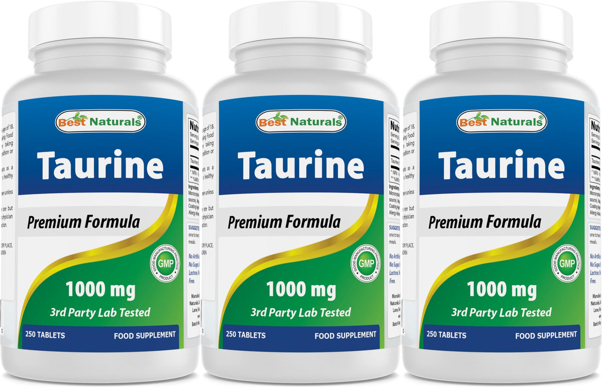 Best Naturals Taurine 1000 mg bottle with 250 tablets in pack of 3