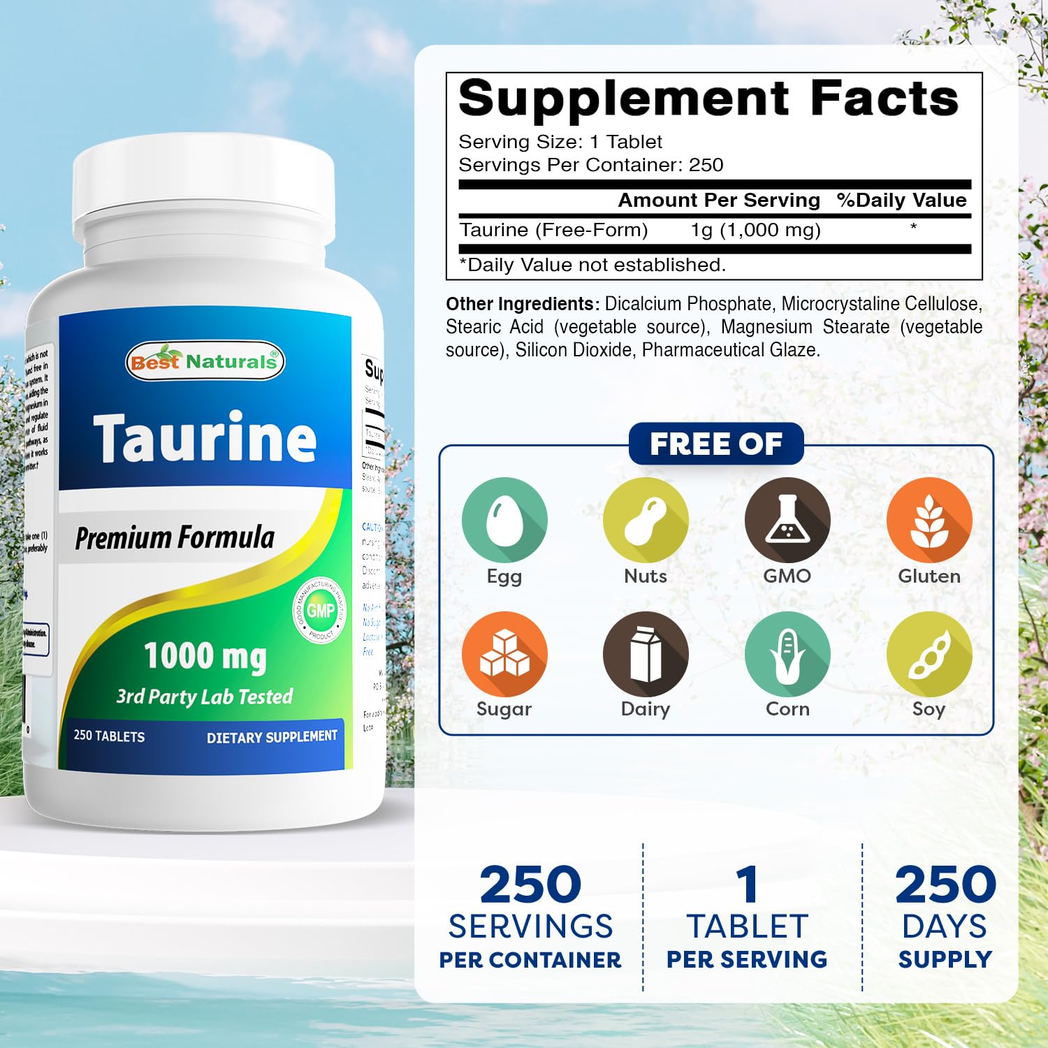 Rear view of Best Naturals Taurine 1000 mg bottle