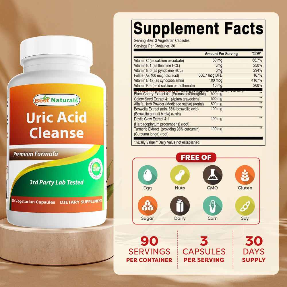 Best Naturals uric acid cleanse bottle label close-up highlights non-GMO and gluten-free.