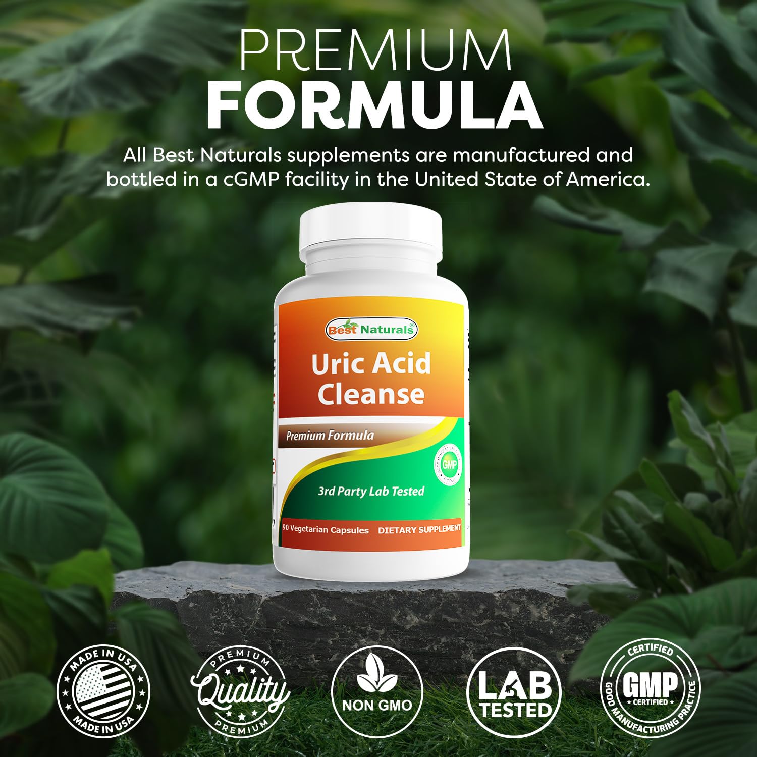 Best Naturals uric acid cleanse made-in-usa badge on packaging.