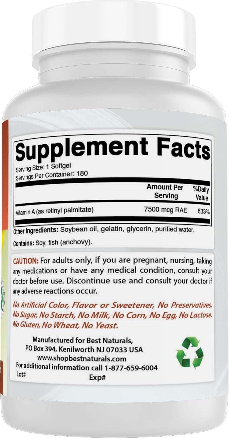 Front view of Best Naturals Vitamin A 25000 IU bottle