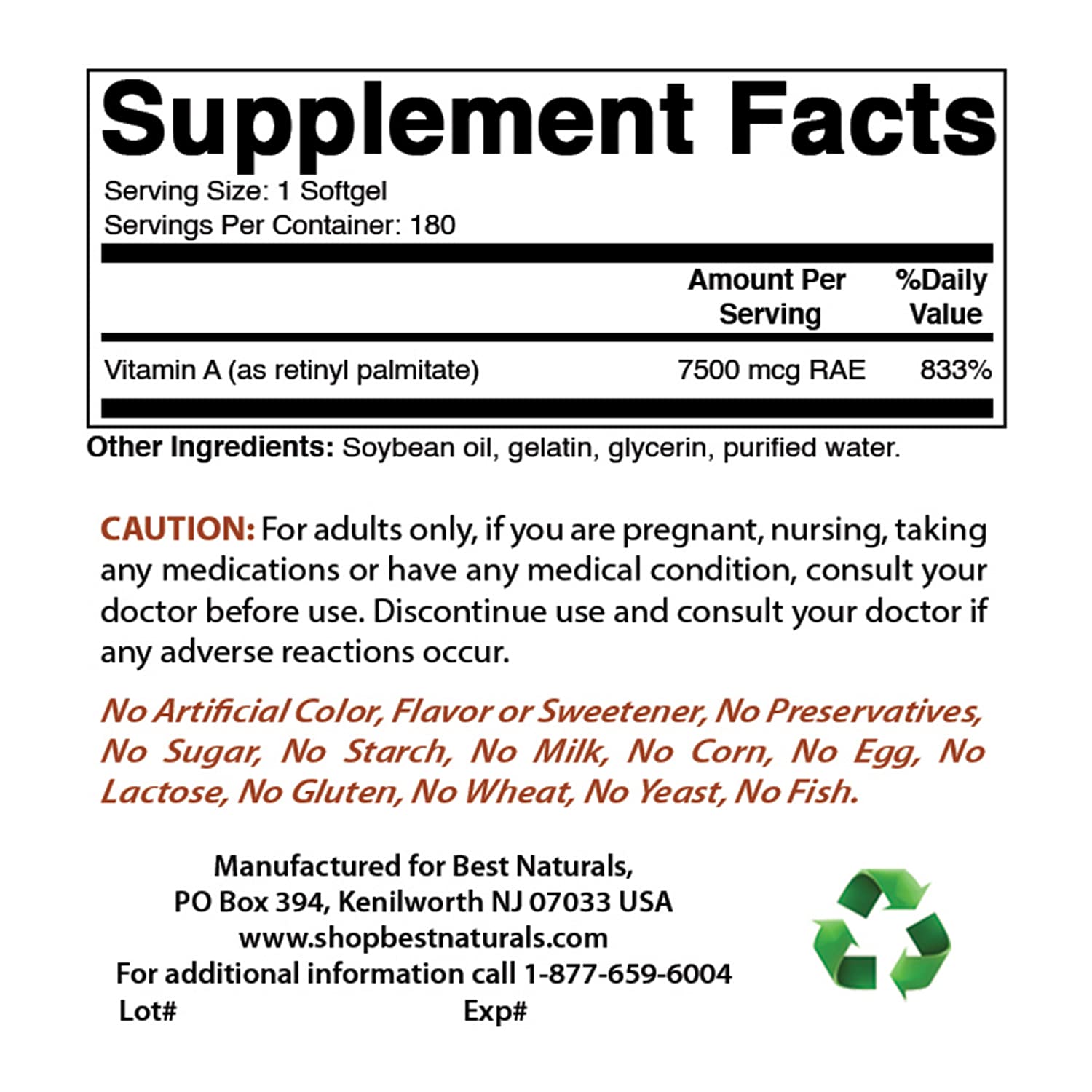 Best Naturals Vitamin A 25000 IU non-GMO softgels bottle with label