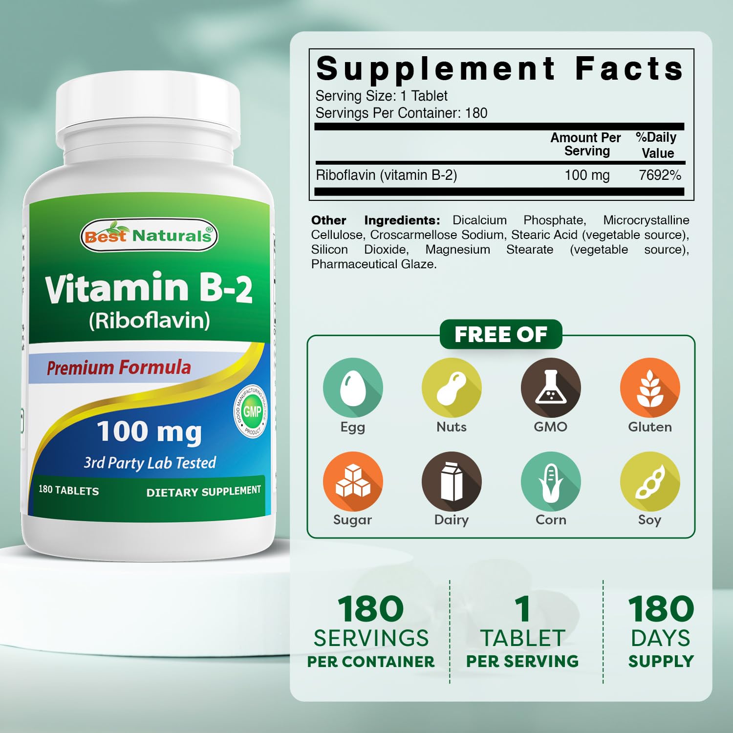 Label showing Vitamin B2 Riboflavin 100 mg 180 tablets