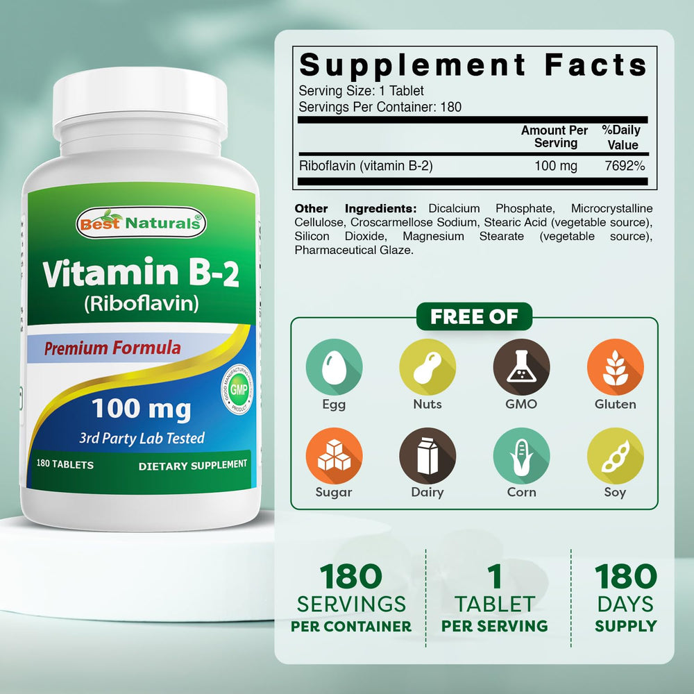 Bottle and label of Best Naturals Vitamin B2 100 mg 180 tablets
