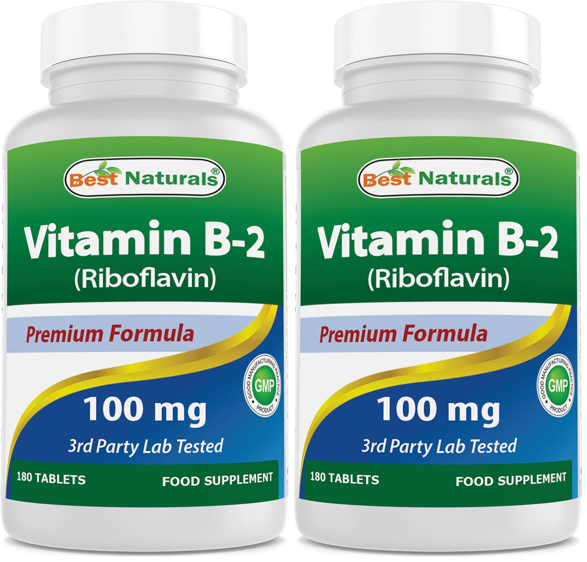 Front view of Best Naturals Vitamin B2 Riboflavin 100 mg bottle (pack 2)