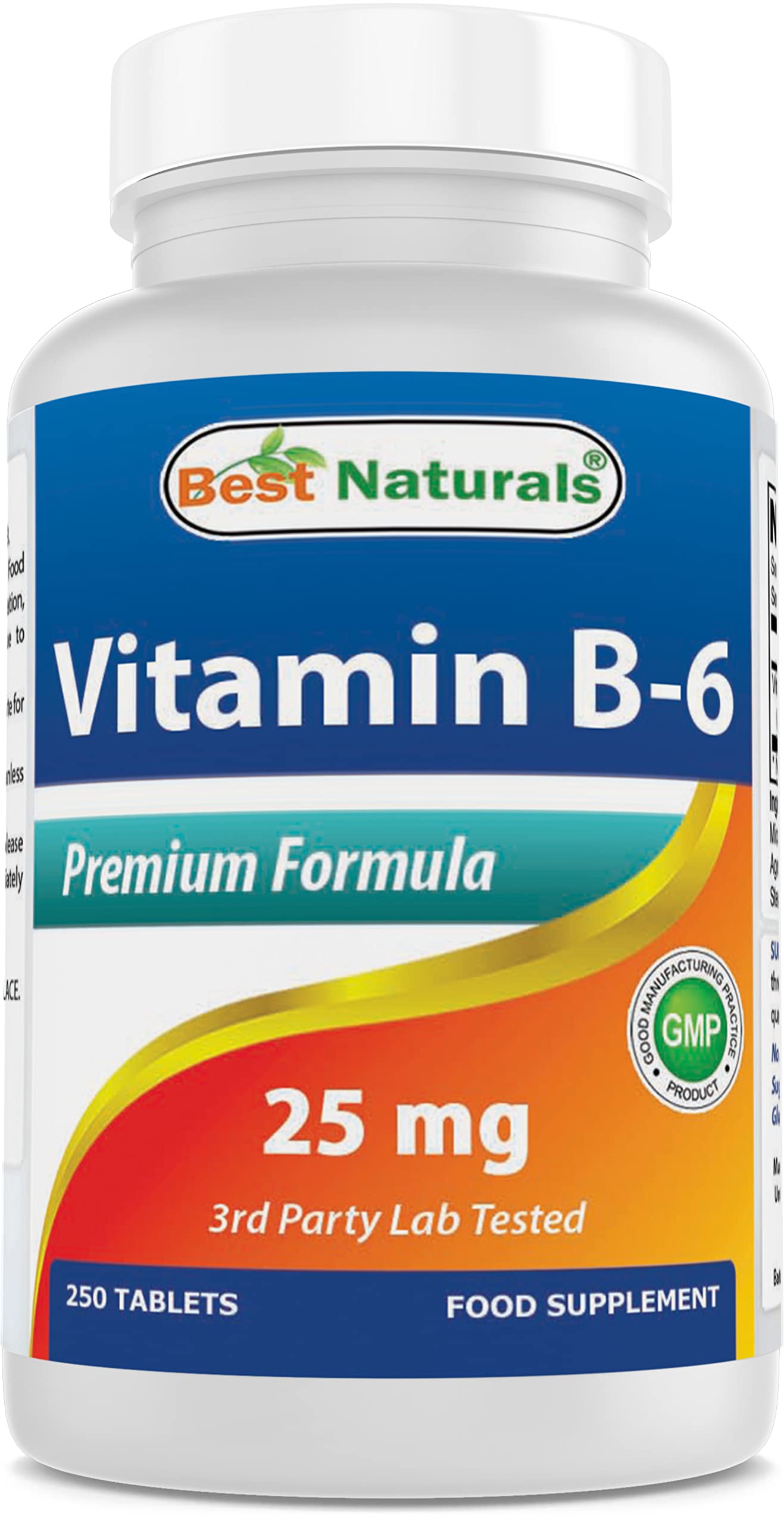 Front view of Best Naturals Vitamin B-6 25 mg tablets bottle, 250 count