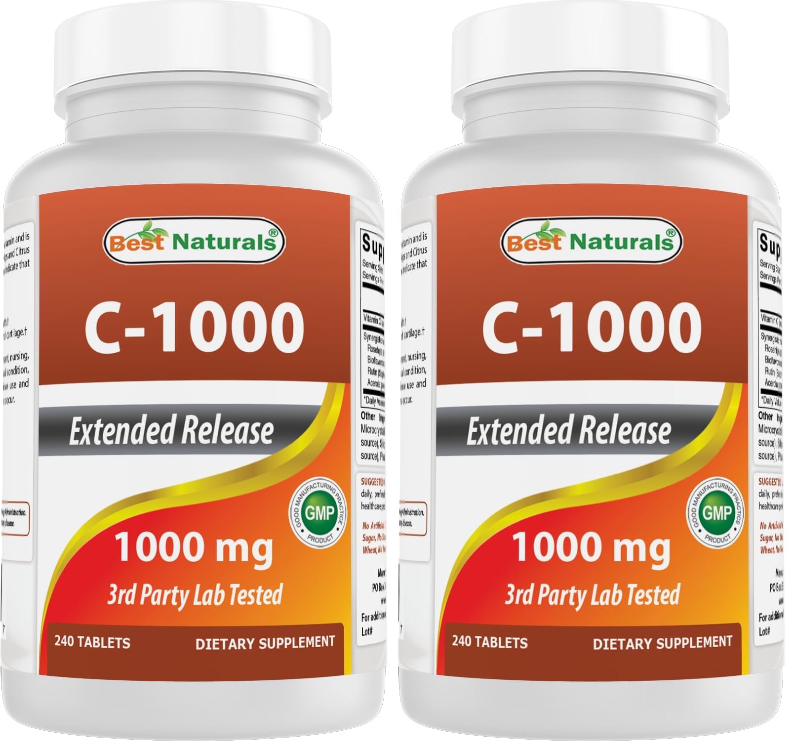 Bottle of Best Naturals Vitamin C 1000 mg tablets with Rose Hips Berry, 240 count, pack of 2