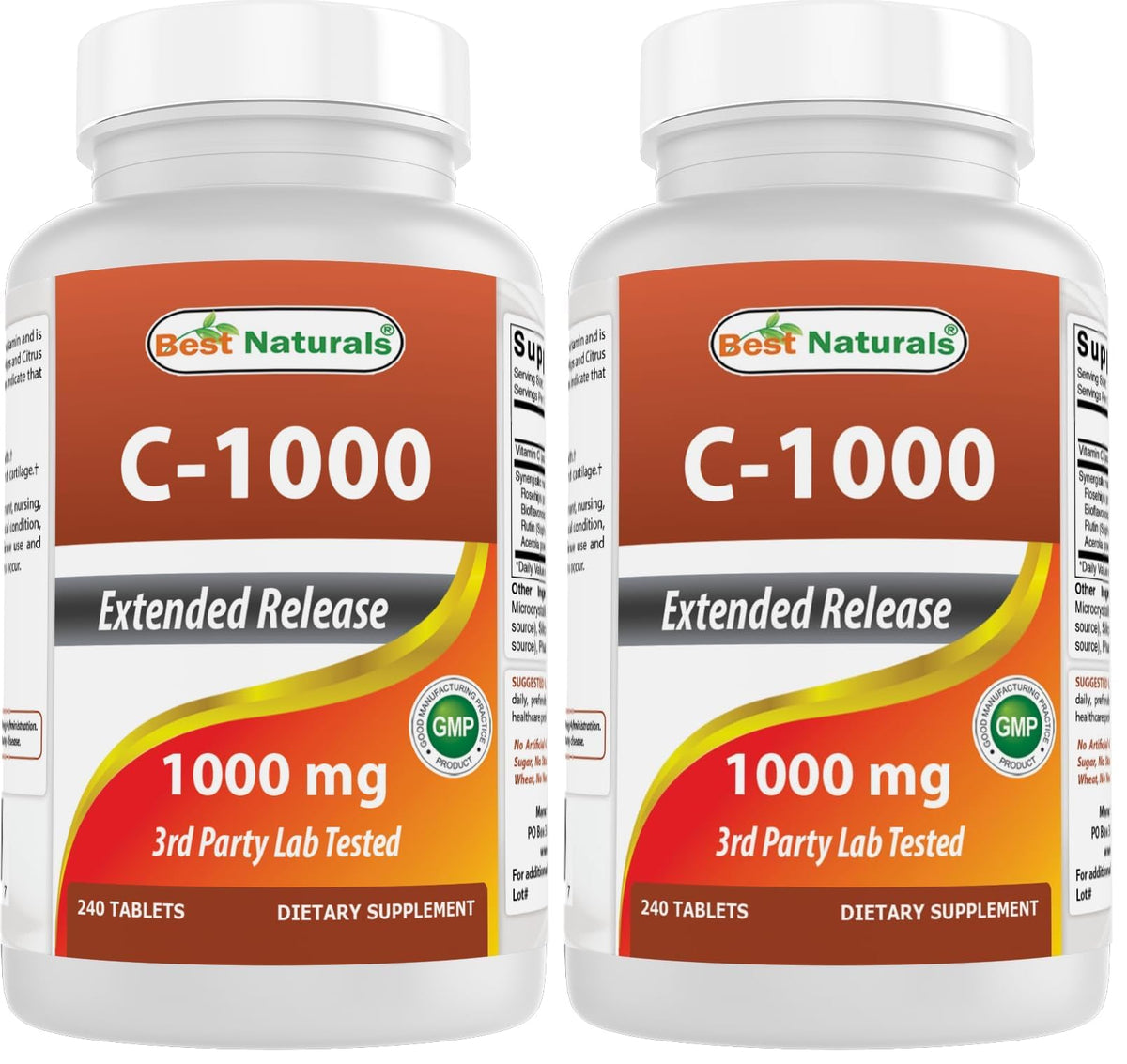 Bottle of Best Naturals Vitamin C 1000 mg tablets with Rose Hips Berry, 240 count, pack of 2