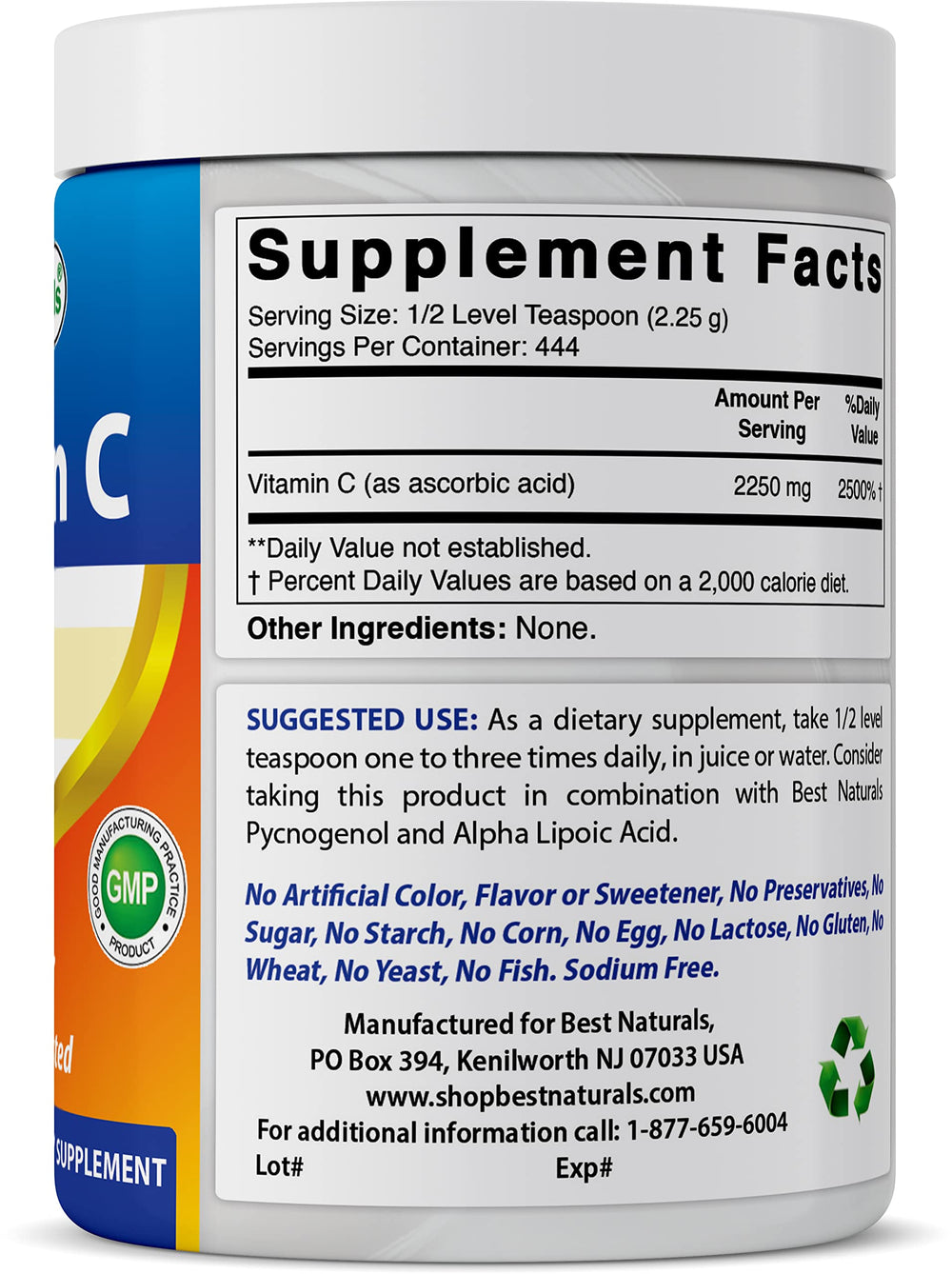 3rd party lab tested purity badge on Best Naturals Vitamin C powder