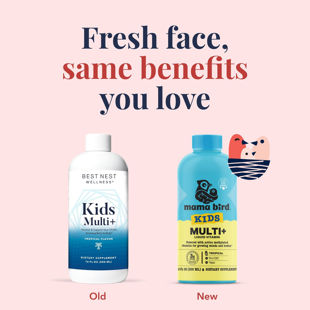 Close-up of Best Nest Wellness Kids Multi Plus bottle on white background