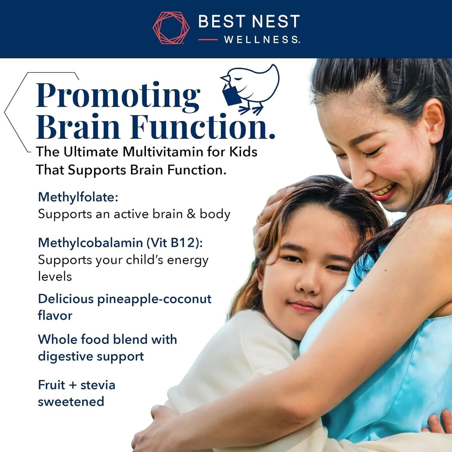 Nutrition label and tropical flavor branding for Best Nest Wellness