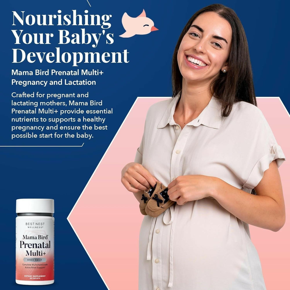 Product shot showing 30 caplets of Best Nest Wellness Mama Bird Prenatal Multi Plus
