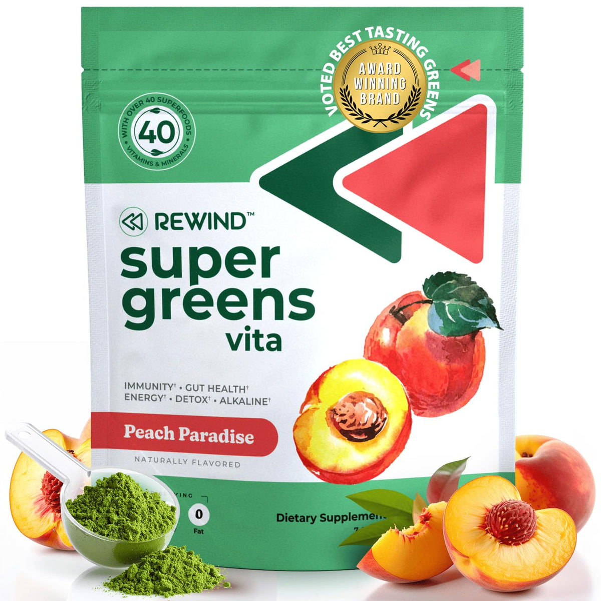 Front view of Best Tasting Super Greens Powder Peach flavor container