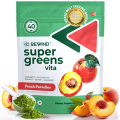Front view of Best Tasting Super Greens Powder Peach flavor container