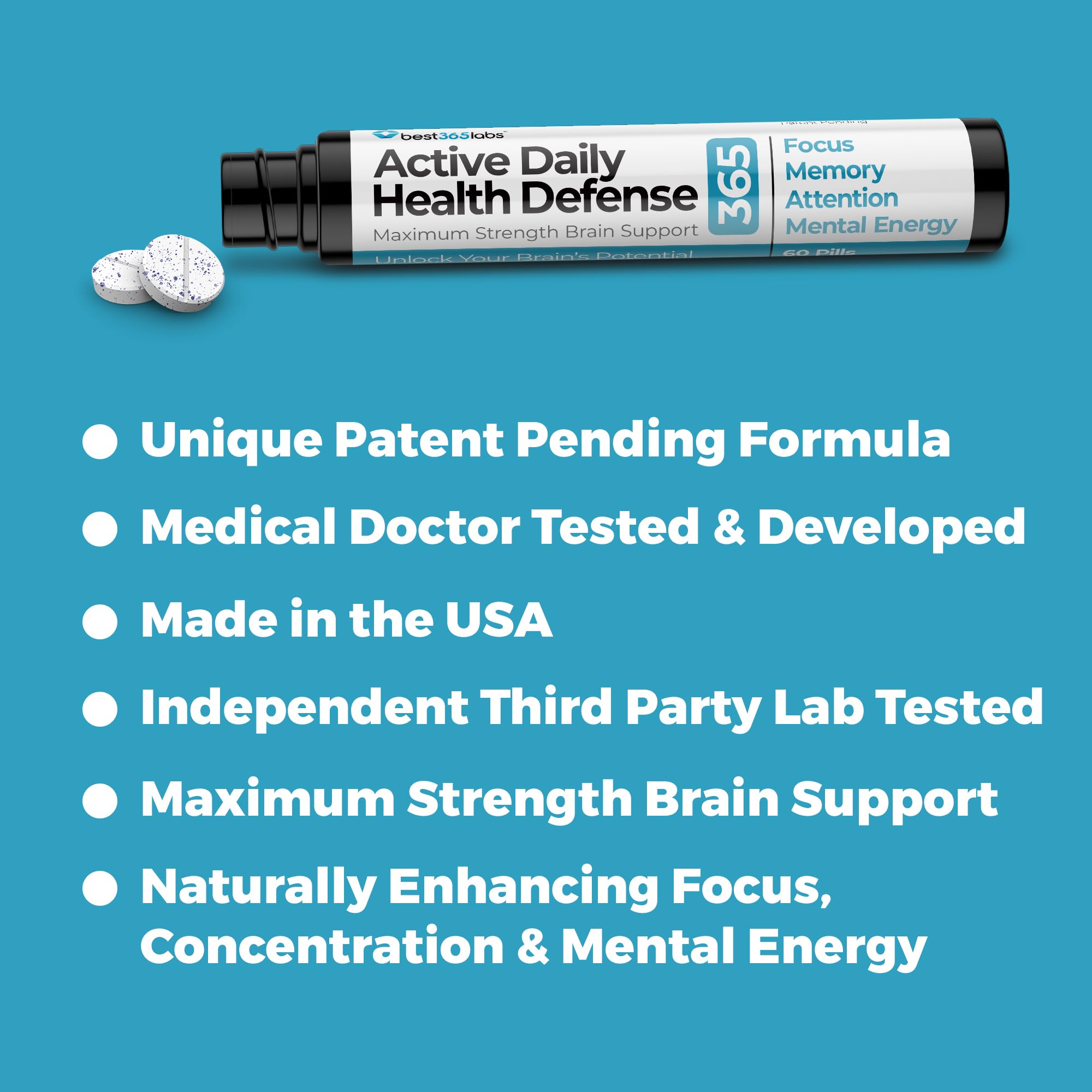 Packaging and informational card for Best365Labs Brain Support