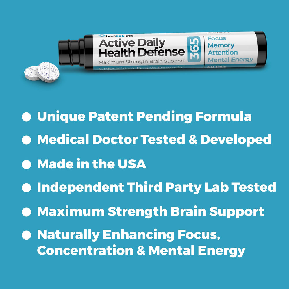 Packaging and informational card for Best365Labs Brain Support