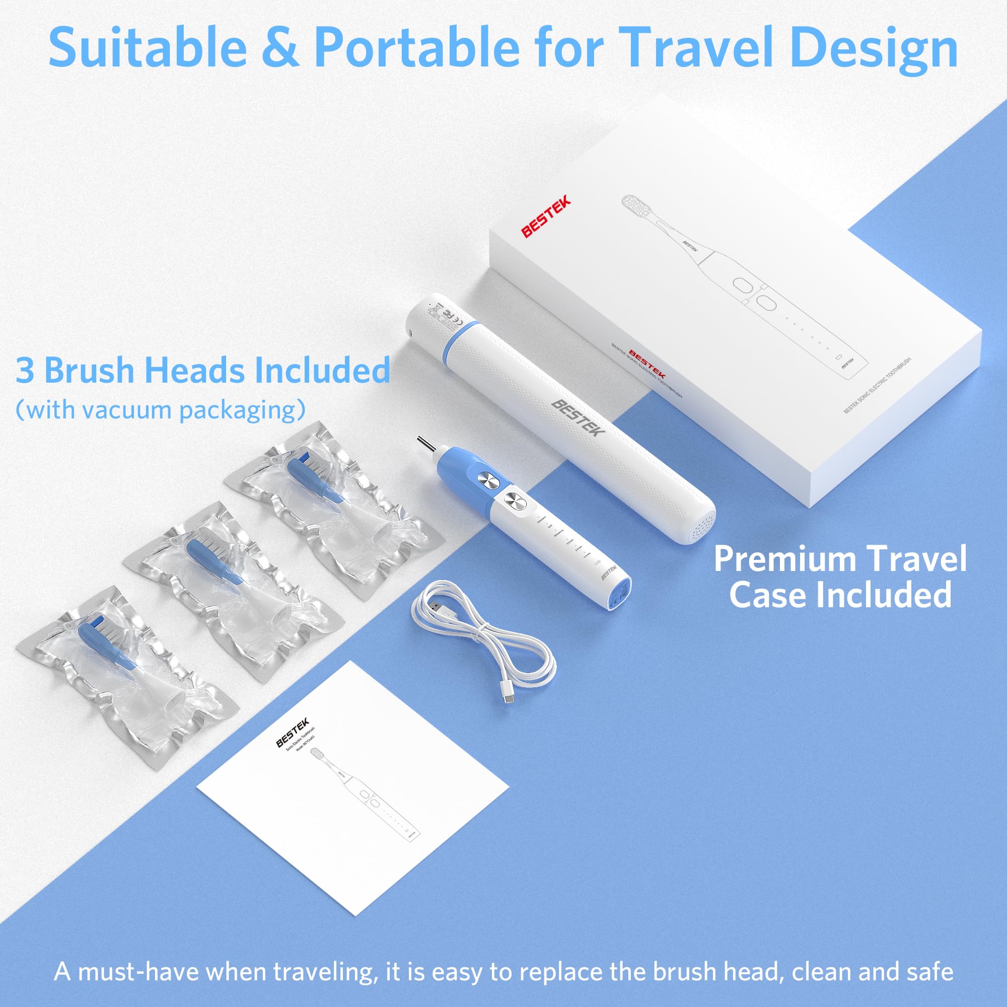 Three replacement brush heads with hygienic caps