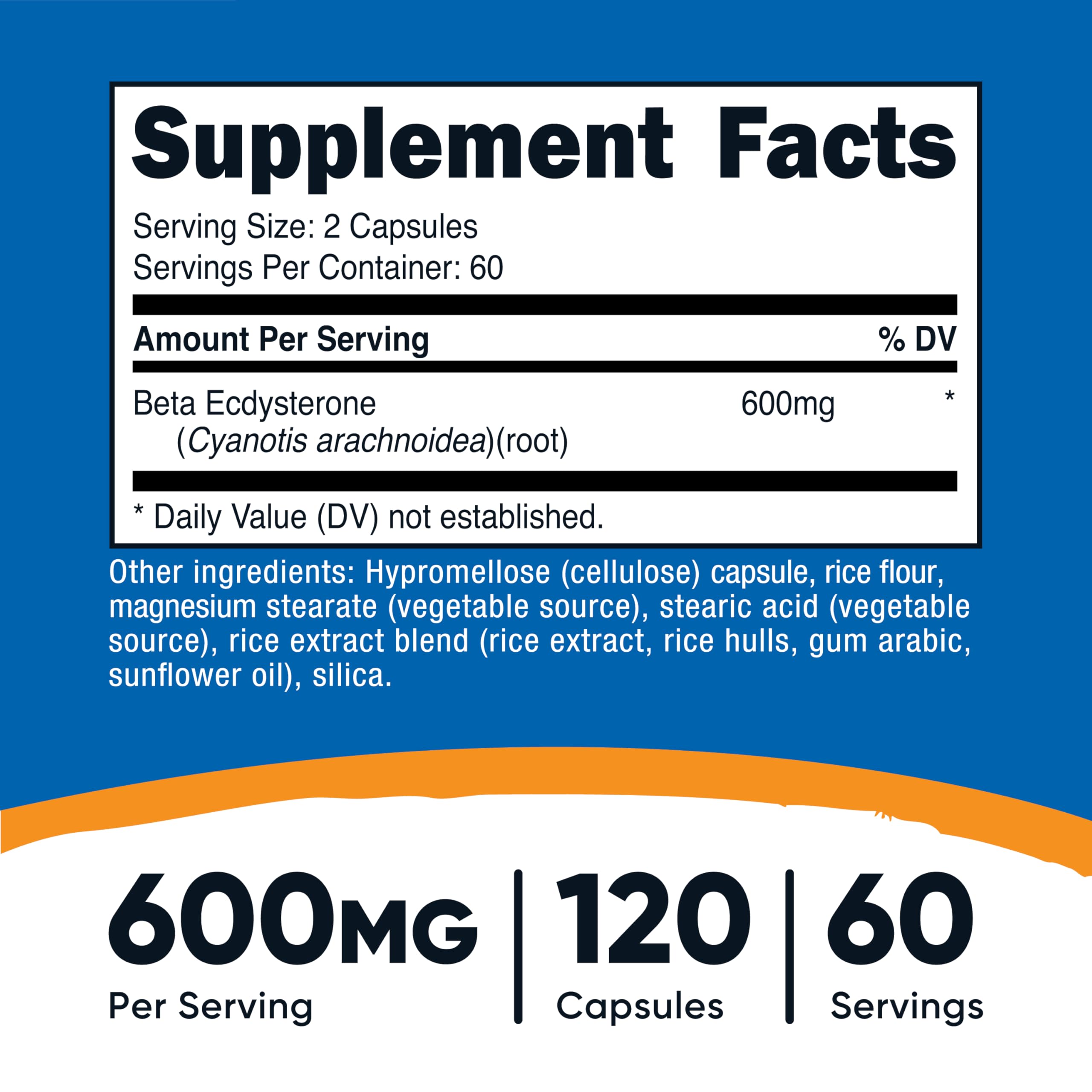 Beta Ecdysterone 600mg per serving label on Nutricost bottle
