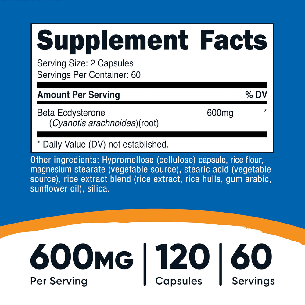 Beta Ecdysterone 600mg per serving label on Nutricost bottle