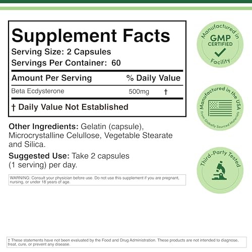 Bottle of Beta Ecdysterone 120 capsules (60 servings) 500 mg per serving