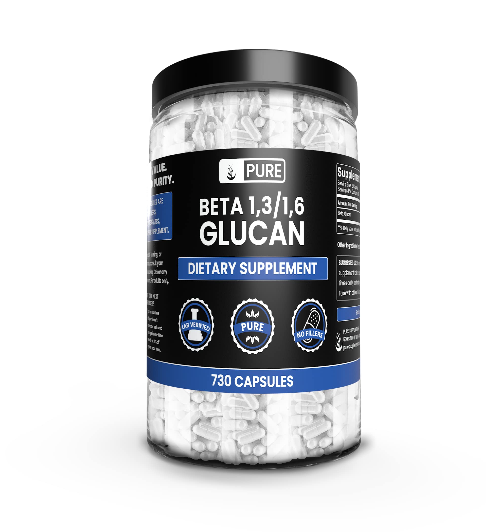 Bottle of Pure Original Beta Glucan 1,3/1,6 capsules – 730 count