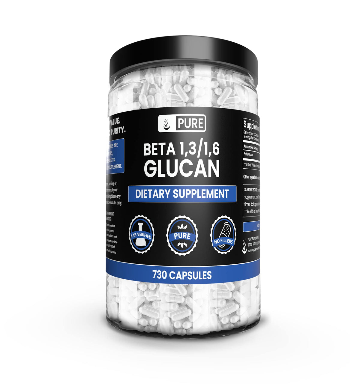 Bottle of Pure Original Beta Glucan 1,3/1,6 capsules – 730 count