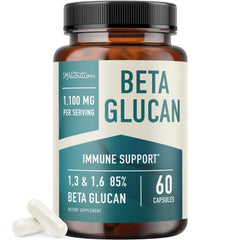 Bottle of Beta Glucan Supplement 1100mg showing immunity, skin, and gut support