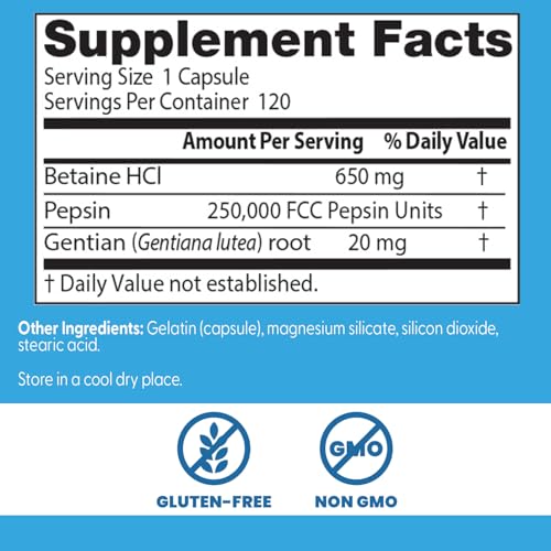 Close-up image showing Betaine HCl, Pepsin and Gentian Bitters ingredients