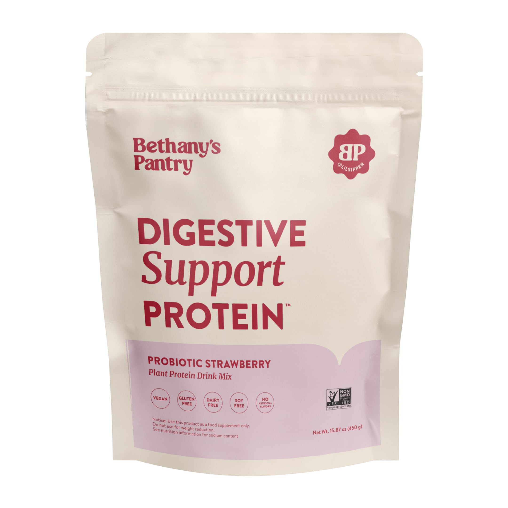Bethany's Pantry Digestive Support Protein bottle highlighting gut-friendly plant protein.